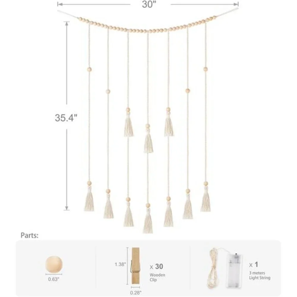 Macrame Hanging Photo Display Wall Decor with String Lights Boho Room